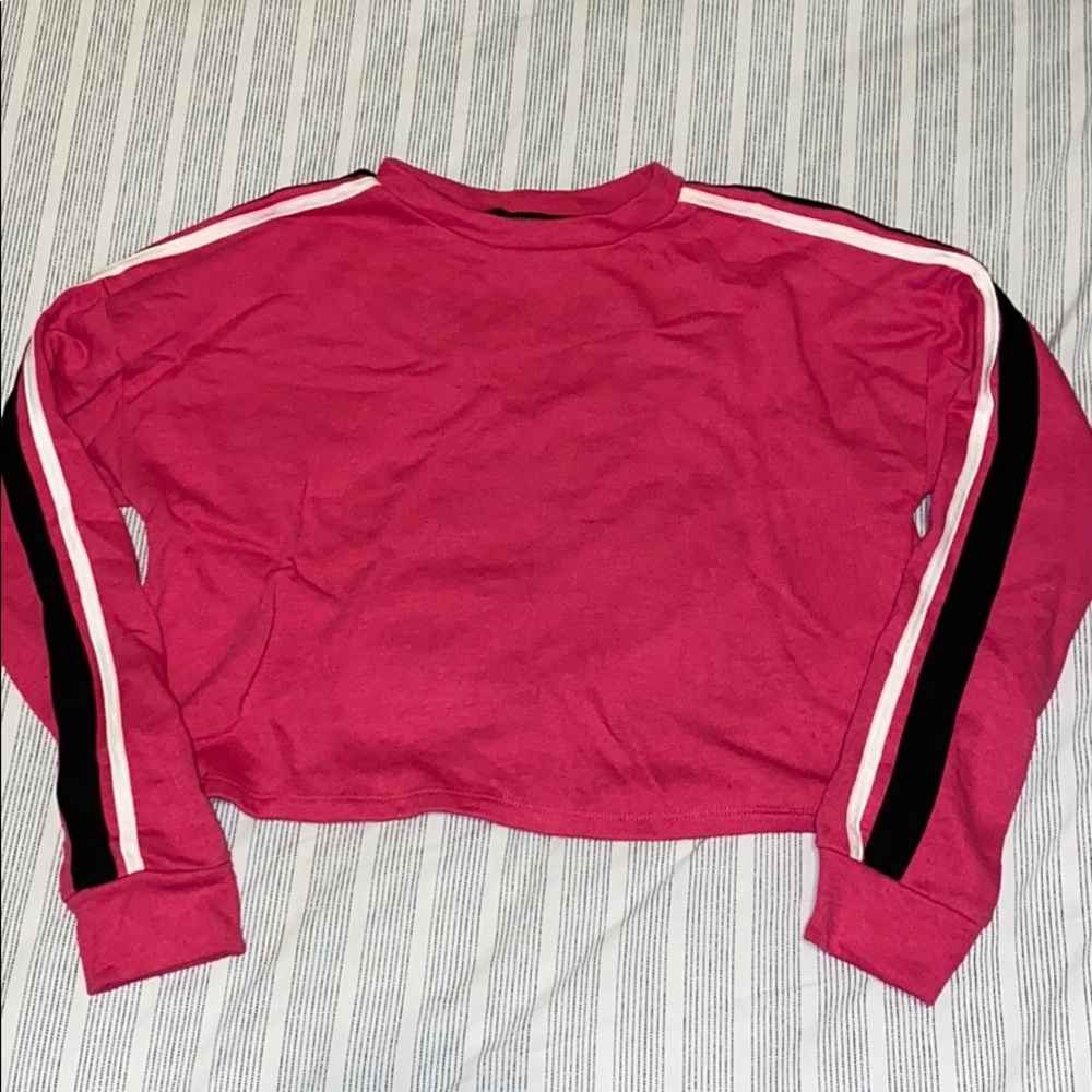 Hot pink crew neck cropped sweatshirt with stripes